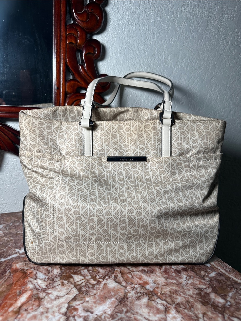 Calvin Klein Cream Beige Monogram Tote with White Trim